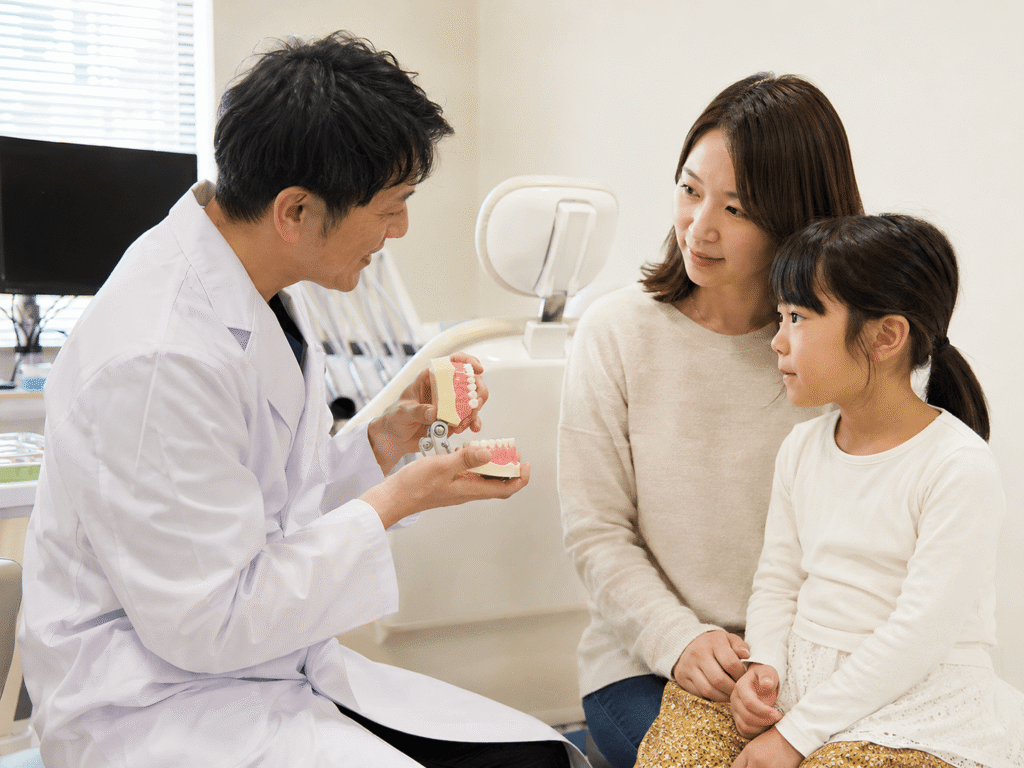 矯正について説明する歯科医師